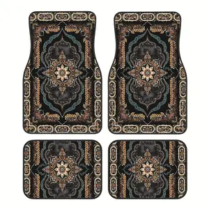Four Pieces of European Ethnic Bohemian Patterned Rubber Car Mats, Universal Anti-Slip Front And Rear Carpets for Anime, Waterproof And Easy to Clean Car Interior Accessories.