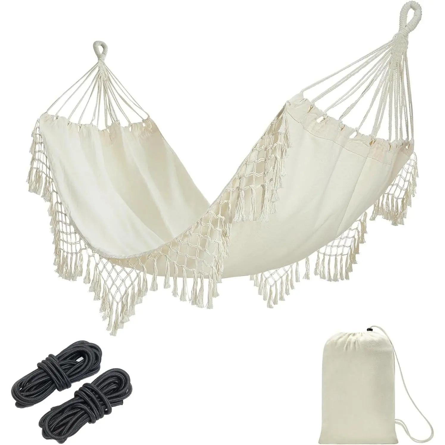 Boho Macrame 1-Person Hammock Swing, Handwoven Cotton-Polyester with Tassels for Indoor & Outdoor Use, Portable with Carry Bag, 78.7" x 39.4", 300 lb Capacity, Sturdy, Cotton/Poly, One Person