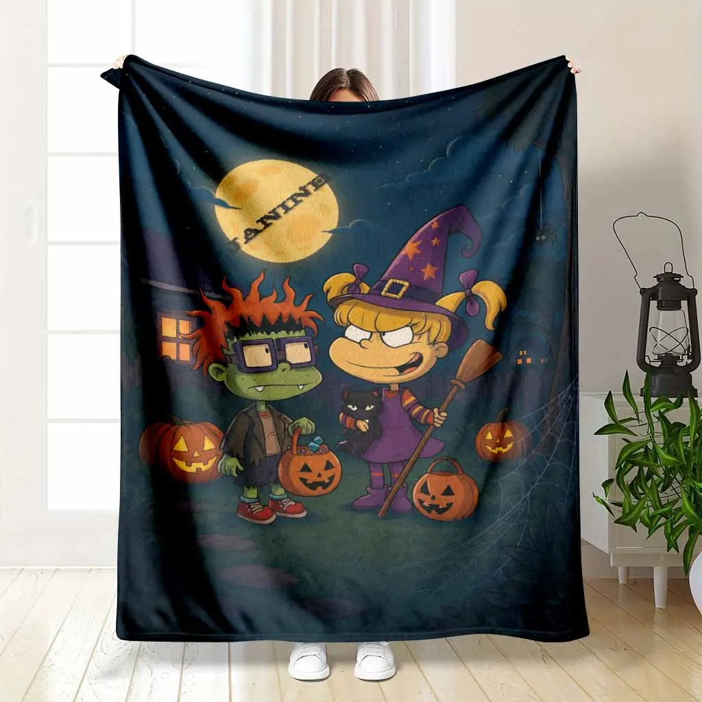 Halloween Moonlit Witch Costume Flannel Blanket Black Cat Pumpkin Spiderweb Starry Night Print Soft Cozy Lightweight Throw for Sofa Bed Couch Party Decor Autumn Gift Home Office