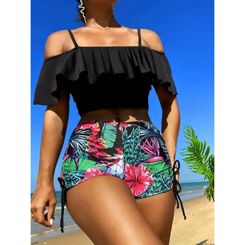 [Offshoulder Swimwear] Chic Off-Shoulder Ruffle One-Piece Swimsuit for Women - Tropical Print, High-Waisted with Side Ties, Stretchy Nylon/Elastane Blend, Non-Transparent Knit Fabric, Perfect for Beach & Poolside, Vacation Swimwear|Tropical