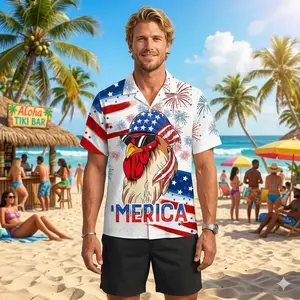 Merica Rooster Hawaiian Shirt – Funny Patriotic USA Flag Shirt| 4th of July Party Outfit, Independence Day 4th of July Gift