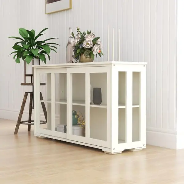 Black White Kitchen Storage Cupboard with Glass Sliding Doors, Sturdy Durable E1 Grade MDF Board, Large Storage Space, Non-Slip Bottom, Easy Assembly Required, Glass Doors