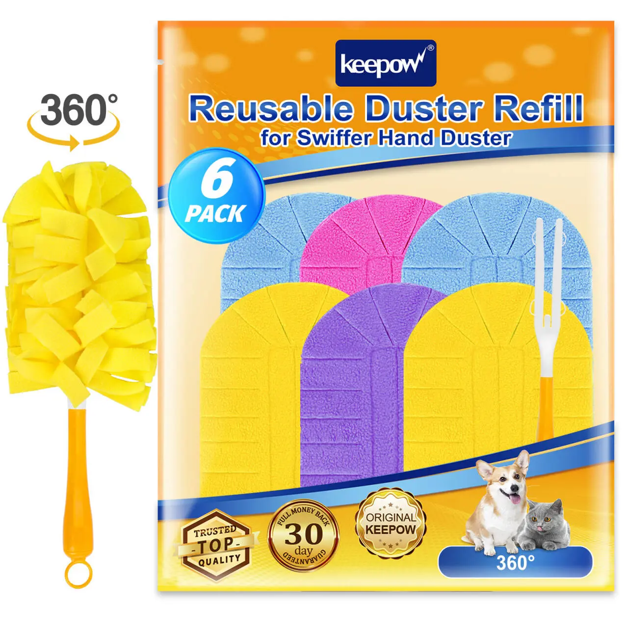 KEEPOW Soft Fleece Reusable Duster Refill Pads with Handle, Machine Washable, Compatible with Swiffer 360-Degree Dusters, 6-Pack Home Cleaning Supplies