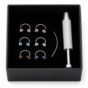 6Pcs Titanium 20G 7/8mm Horseshoe Nose Ring(Free Gem Picker Tool) Internally Threaded Gems Lightweight