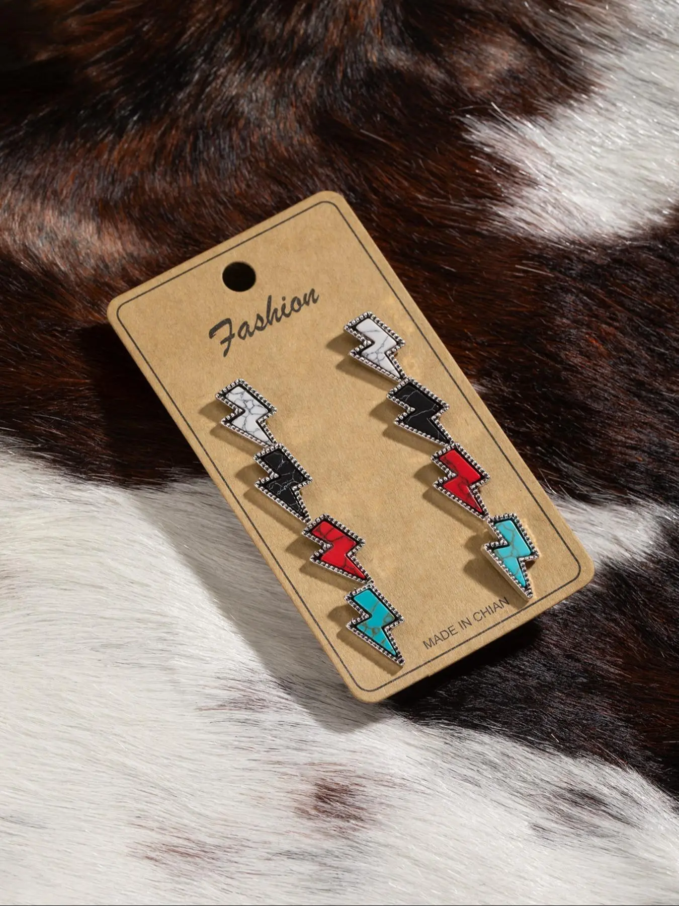 Boho Style Rhinestone Decor Lightning Shaped Stud Earrings, Bohemian Earrings, Fashionable Turquoise Texture  Earrings for Women & Men, Trendy Exquisite Jewelry for Birthday Gift