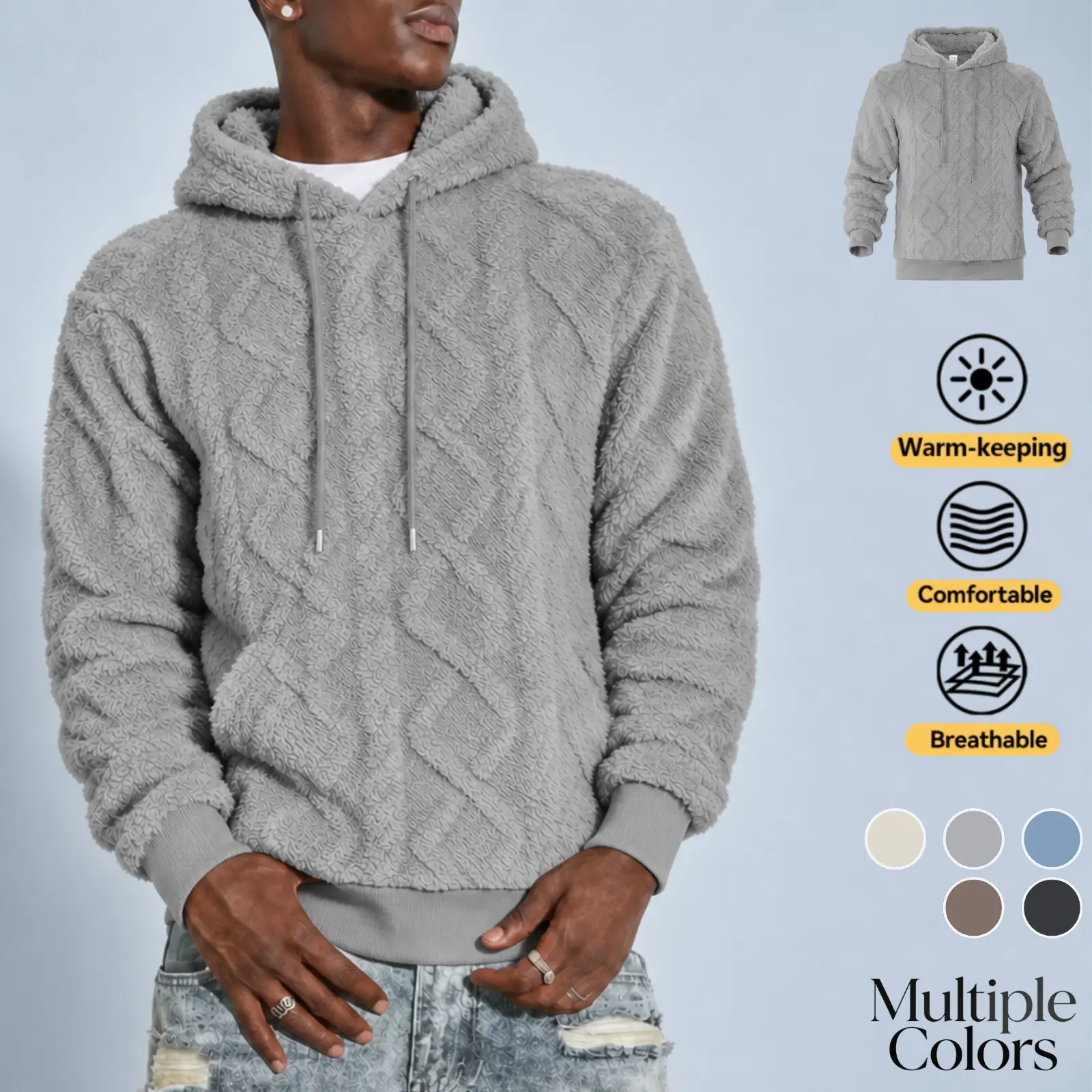 Men's loose-fit casual plush hooded sweatshirt with a diamond jacquard pattern, drawstring hood, ribbed cuffs