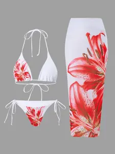 Three-Piece Set Women's Floral Print Bikini Set & Cover Up Skirt, Sexy Chic Swim Top & Swim Skirt & Swim Panty Set, Ladies Swimsuit for Beach Holiday Vacation, Floral Print Swimsuits, Beach Bathing Suit