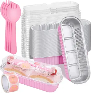 25-Pack Thick Disposable Pink Aluminum Foil Bakeware Set, 6.8Oz Mini Cake Pans with Lids, Mini Loaf Pans, Spoons & Stickers, Oven-Safe Baking Tins Containers for Sales Parties, Picnics