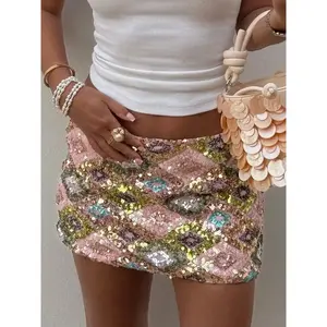 Women’s low-waist slim-fit street fashion skirt, multicolor print sequin design, perfect for parties and night out, Y2K-style mini skirt