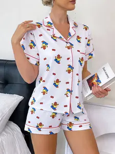 2-piece set of women's white background with cherry postman bear print pattern short sleeved shorts, soft and comfortable top, small pocket lapel design, elastic waistband, suitable for all seasons, home, daily leisure, women's sleepwear set