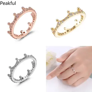 Delicate CZ Crown Stackable Ring for Women, Rose Gold/Silver/Gold Plated Princess Style Eternity Band, Sparkly Minimalist Statement Jewelry, dainty design with secure stone setting, perfect for daily wear, layering, date nights and gifting