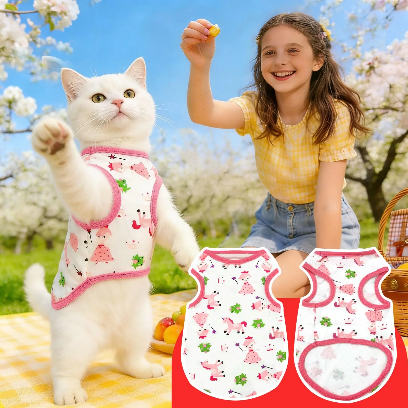 PETCARE Cute Cartoon Cat Shirts for Cats Only Soft Cotton Tshirts Pink Pony Cat Clothes for Cats Only Female Male Small Breeds Pet Pajamas Sleeveless Pet Tank Top Spring Summer Kitten Clothes