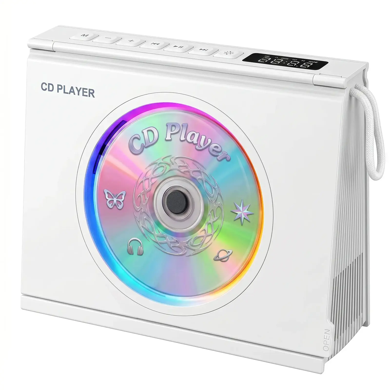 Gueray Mini Portable Rechargeable CD Player - HiFi Audio Boombox with 4000mAh Battery, Dual Speakers, LCD LED Display, Timer, Dual Bluetooth, FM Radio, Type-C Quick Charge, Push Button, Woven Handle for Home, Language Learners
