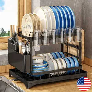 2 Layers Dish Drain Rack For Kitchen Countertop Golden Type Dish Drain Rack With Knife Cup Cutlery Rack, Suitable For Bowl Chopsticks
