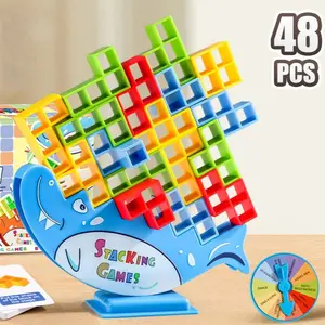 48 Pcs Tetra Tower Balance Stacking Blocks Game for 2 Players Family Parties Travel Kids Adults Team Building ABS Material Colorful Building Blocks Kit with 22 Draw Cards