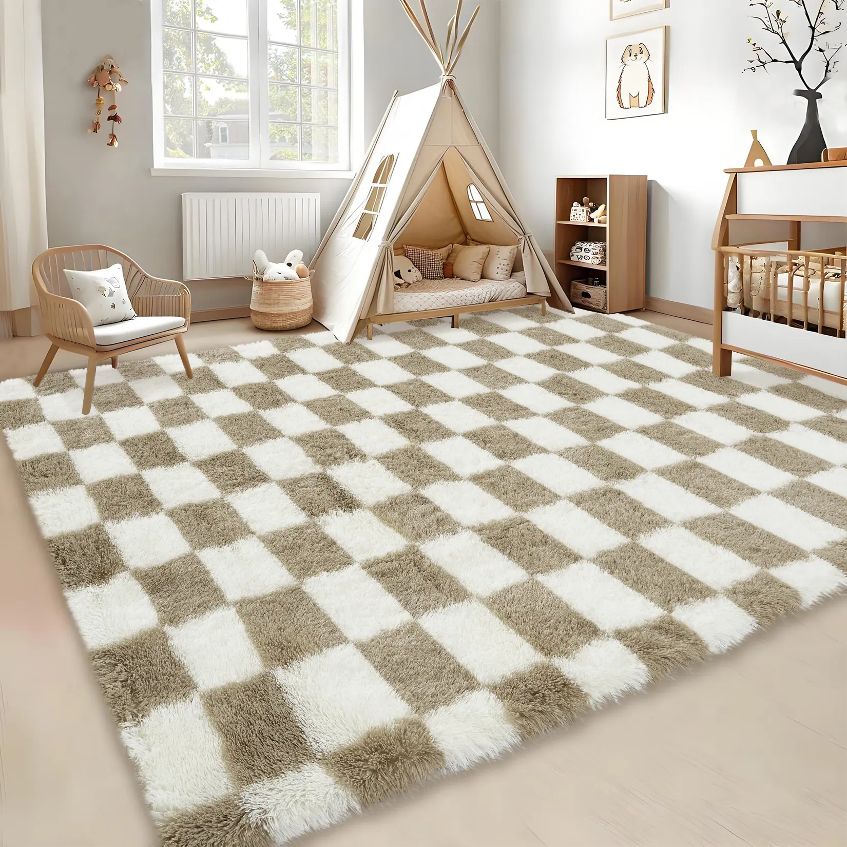 Modern Checkered Rug Long-pile Soft Washable Non-slip and Non-shedding for Bedrooms Dining Rooms Offices Living Rooms Playrooms Children's Rooms and Party Decorations