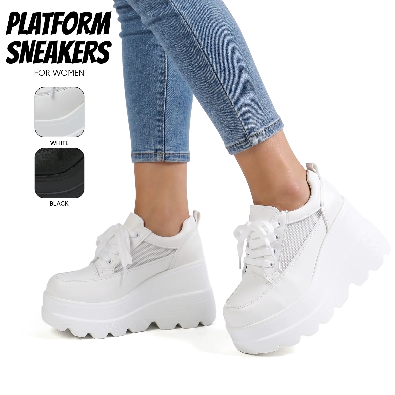 Sneakers For Women Platform Heel Round Toe Lace Up Goth Punk Chunky Wedge Heel Summer Gifts Party Shopping Casual Street Dressy Classic Running Walking Training Sporty Chunky Sneakers