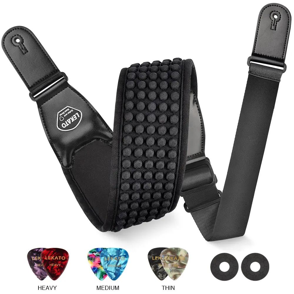 LEKATO LGS-1 Guitar Straps for Electric Guitar Bass, 3.5" Wide Padded Guitar Strap Neoprene Pad, with 3D Sponge Filling Bass Guitar Straps Adjustable Length from 45" to 55" with Strap Locks, Picks