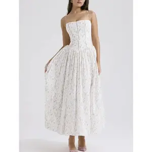 Womens Corset Detail Spaghetti Straps Knotted Maxi Dress Women French Flowy Dress White Women Dress Summer Beach Dress Bohemian Sundresses Womenswear Sleeveless Formal Boho PrintRAIMENTRY