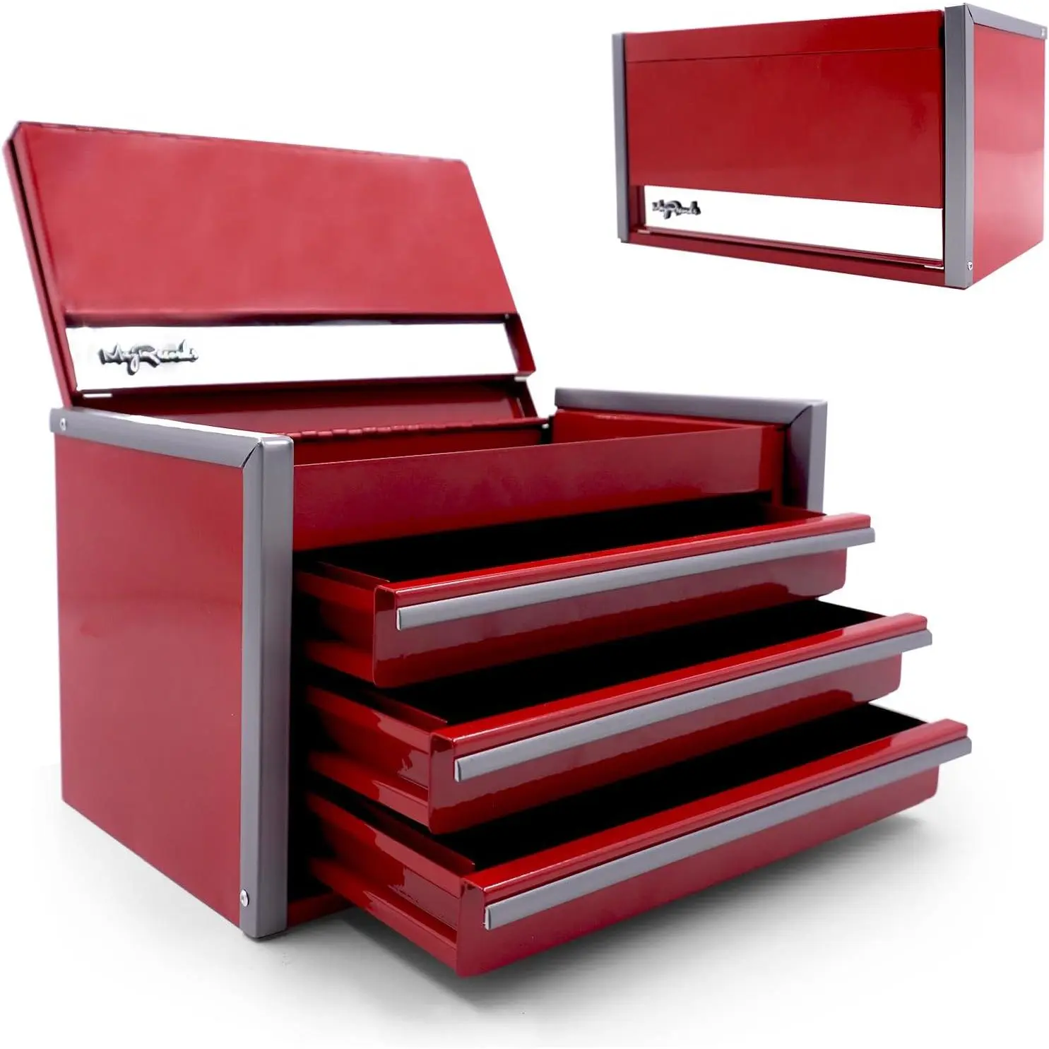 Red Compact Lightweight Mini Metal Tool Box with 3 Drawers and Top Storage, Portable Tool Storage Organizer for Home DIY