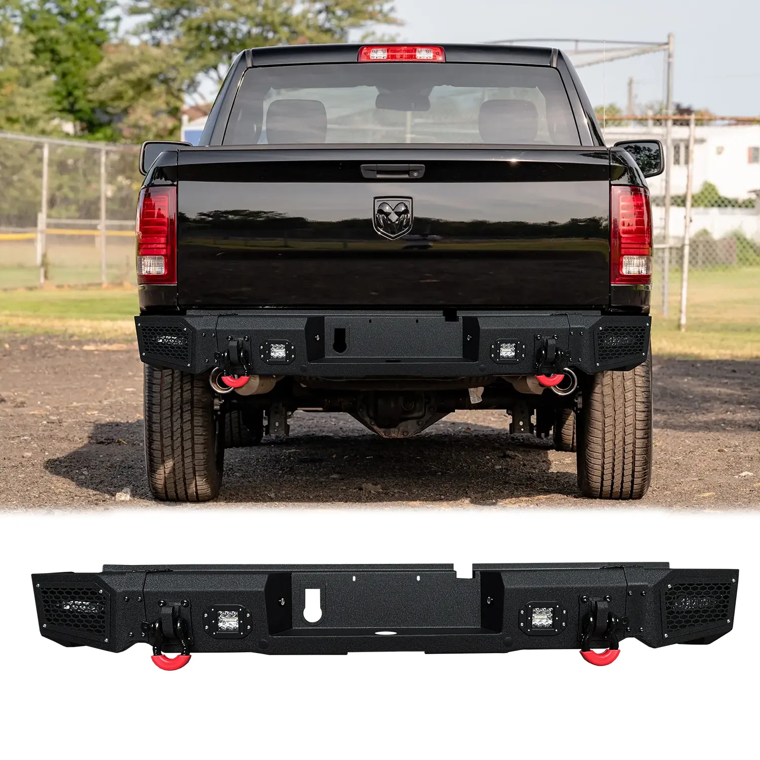 TIOYAR Steel Rear Bumper Black Texture For 2008-2019 Dodge RAM 1500 (Including 2019-2023 Classic) with LED Lights 2 x D-Rings Off-Road Performance Simple screw installation