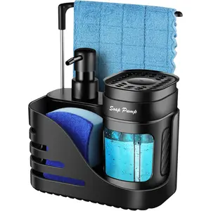 Kitchen Soap Dispenser Set, 4-in-1 Dual Hand and Dish Soap Dispenser with Sponge Holder and Dishcloth Holder for Kitchen Sink (Black)