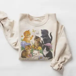 Retro Kitten Sweatshirt , 90s Vintage Cute Cats Pullover, Boho Unisex Floral Cat Butterfly Graphic Crewneck, Retro Animal Top