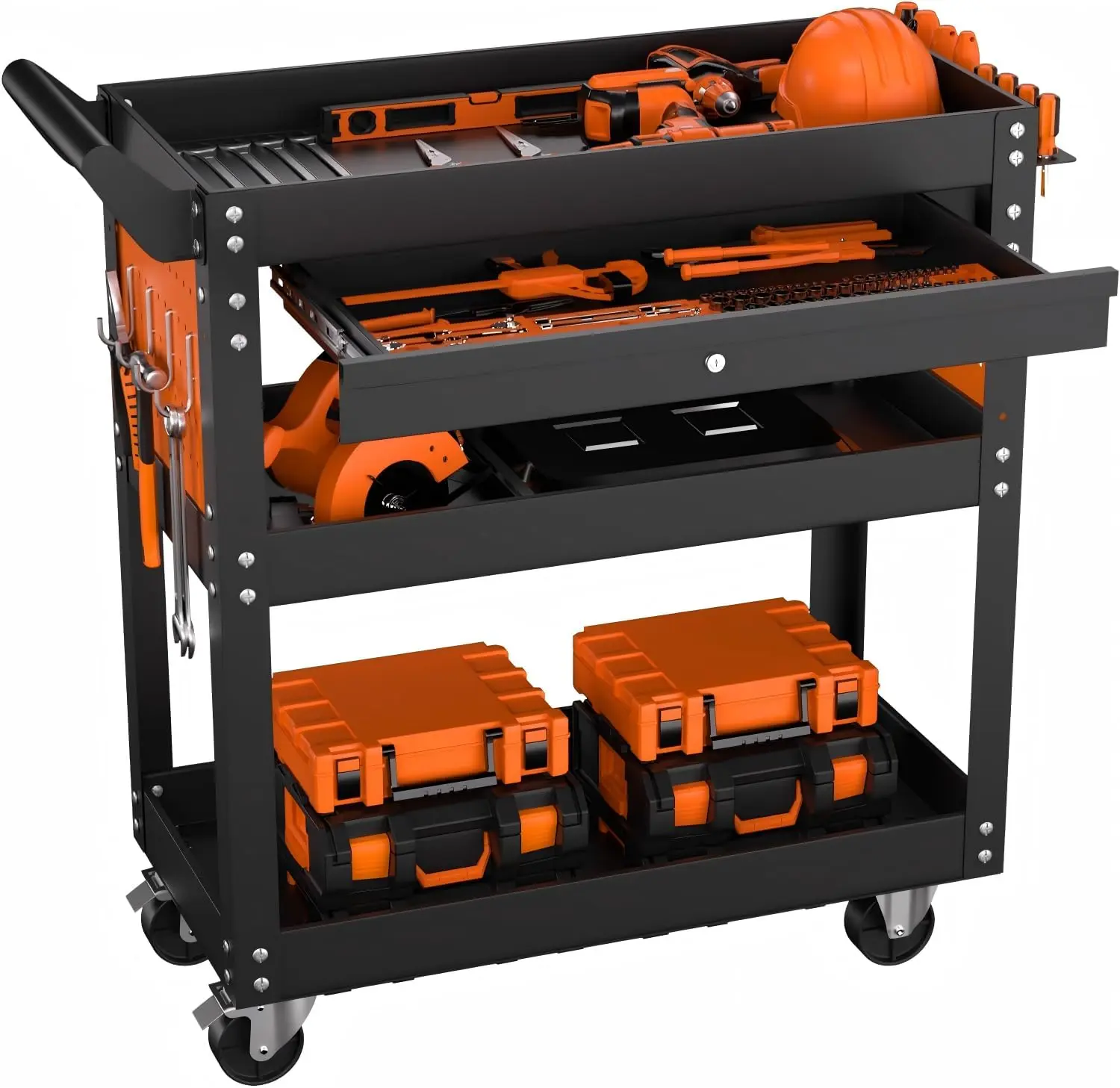 4 Tier Rolling Tool Cart, Mechanic Tool Cart on Wheels, 350LBS Capacity, Heavy Duty Utility Cart with Lockable Drawer & Side Pegboards, Metal Work Cart for Garage and Repair Shop