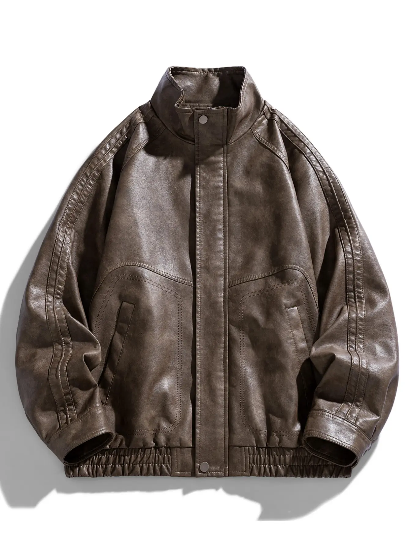 Men's Loose Fit Leather Jacket with Stand Collar, Collared Jacket, Motorcycle Style, Casual Outerwears, Street Fashion Outerwear, Streetwear Essential Outerwear Coats for Spring & Fall Seasons