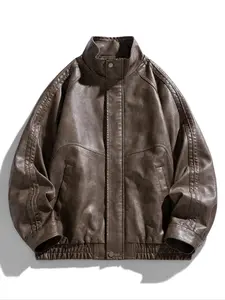 Men's Loose Fit Leather Jacket with Stand Collar, Collared Jacket, Motorcycle Style, Street Fashion Outerwear, Streetwear Essential Outerwear Coats for Spring & Fall Seasons