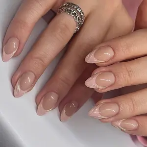 24pcs Short Almond Shape Nail Tips 3D Removable Fake Nails Half Handmade with Nail File Jelly Glue Included