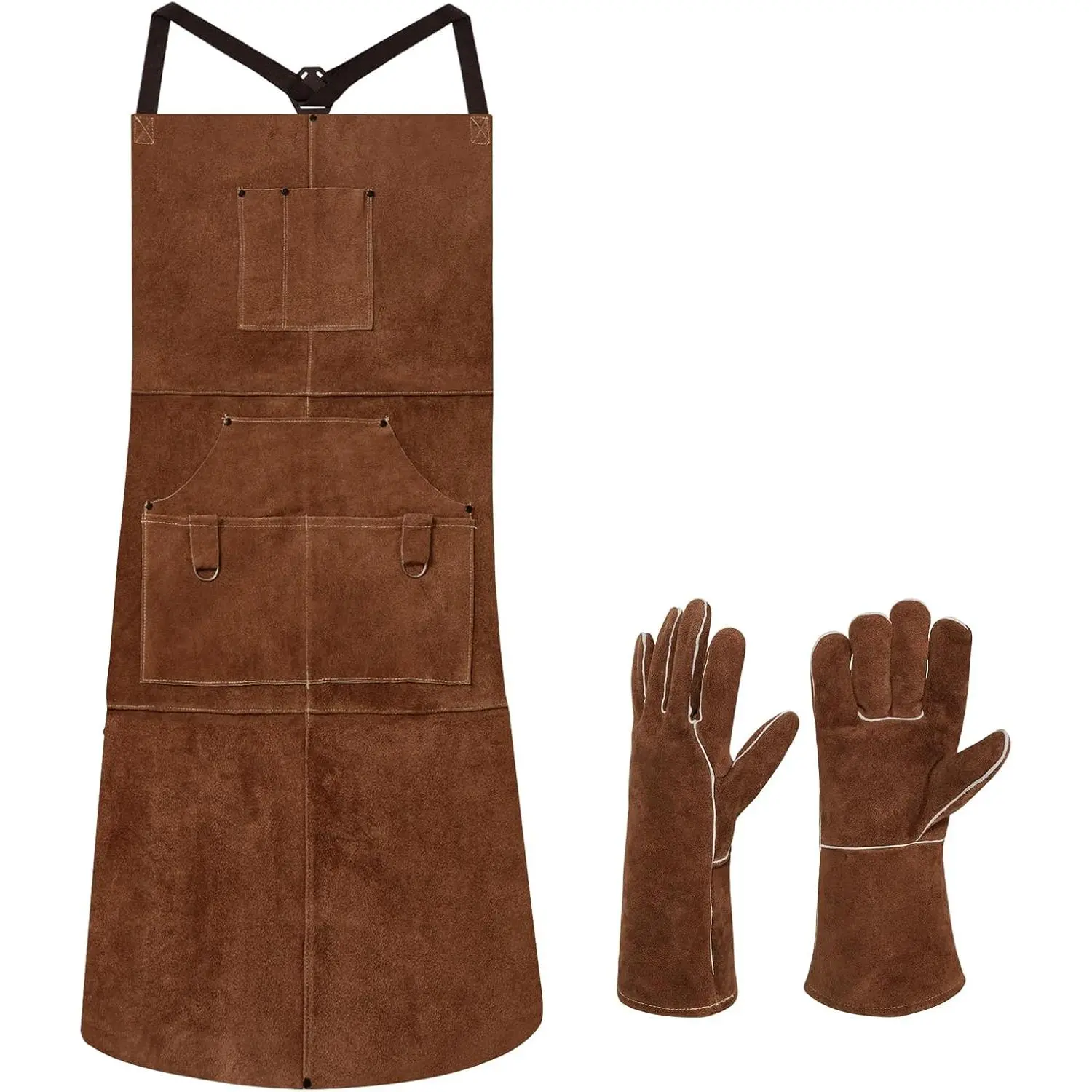 Heavy Duty Leather Welding Apron Genuine Cowhide Flame & Heat Resistant Adjustable 42Lx24W with 6 Tool Pockets and Gloves for Mechanic, BBQ, Woodworking, Gardening, Men & Women Gift, Brown #SummerWins#DealsForYouDays#father's day gift