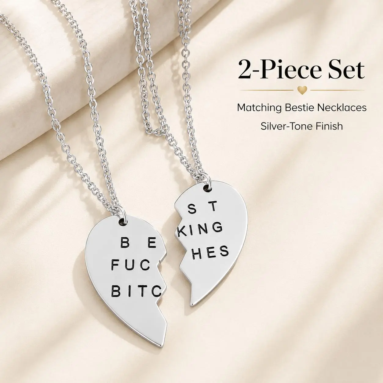 2-Piece Matching Best Friend Necklace Set, Silver-Tone Split Heart Pendants with Bold Adult-Humor Engraving, Friendship Jewelry Gift for Besties, Sisters, Roommates, Birthdays and Girls’ Night