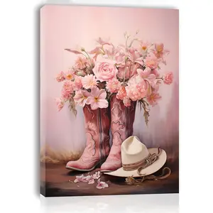 Room Decoration, Dopamine Decor 1 Piece Western Style Pink Bohemian Floral Print Cowboy Boots Canvas Wall Art, Wooden Frame Size, Suitable for Living Room, Bedroom, Kitchen Decoration, Bachelorette Party Office Decoration, Christmas Gift Idea