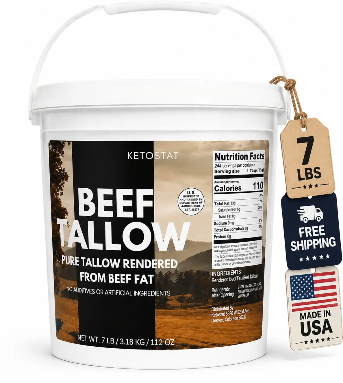 KETOSTAT Pure American Beef Tallow - 7 lb Solid Bucket, No Additives, Keto-Friendly, Made in USA,100% Natural beef tallow for cooking or skincare,Beef tallow for cooking Face Cream
