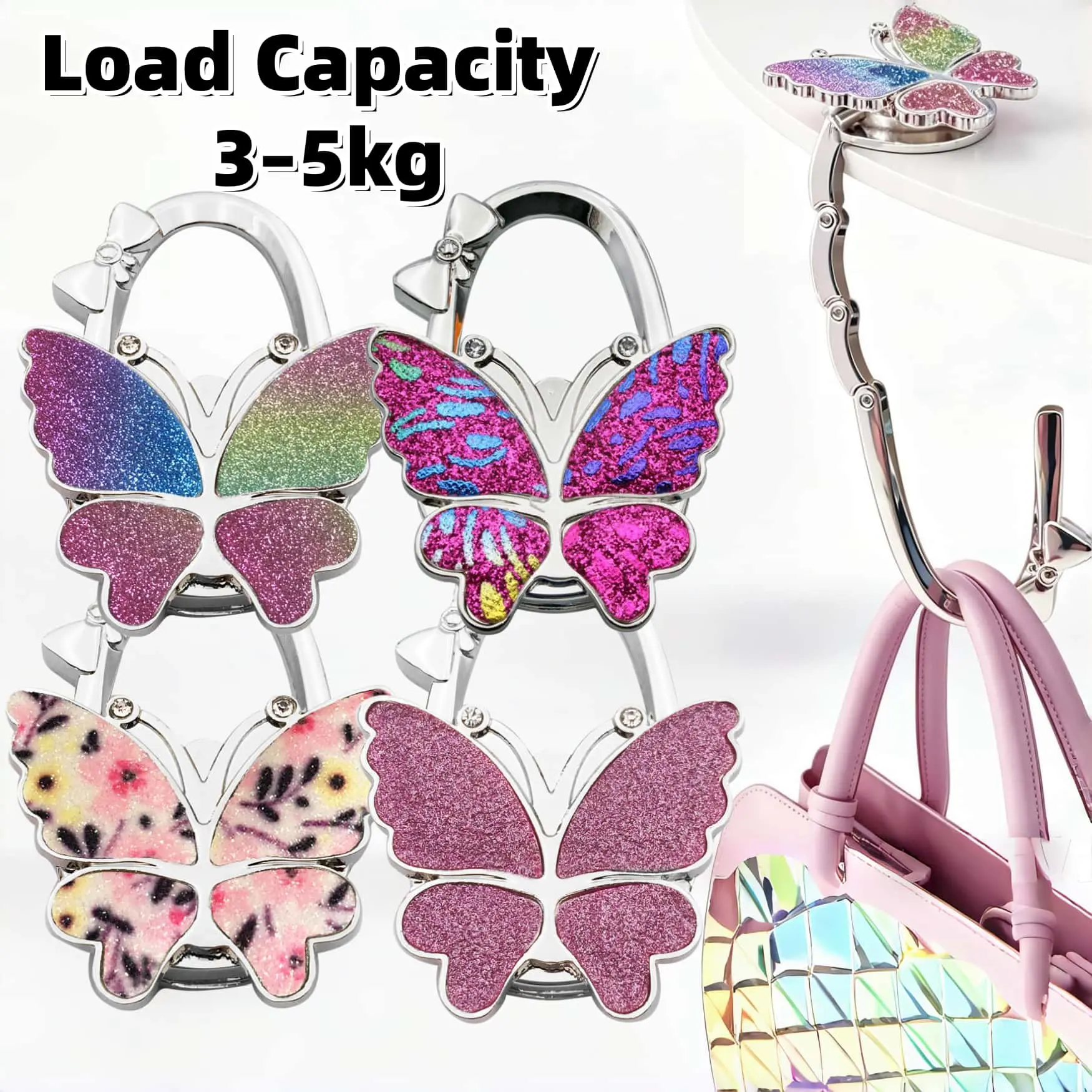 Supports 3-5kg weight capacity Butterfly Foldable Handbag Hanger,Folding Purse Table Hook Holder,Foldable Purse Hook,Purse Holder Stand for Table Multifunction Table Side Hanger Portable Women Purse Handbag Hook Holder Fashion Accessories-MM