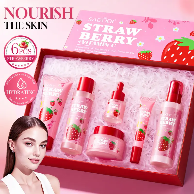 6-Piece Strawberry Vitamin C Skin Care Set Glow Boosting Moisturizing Hydrating Refreshing For All Skin Types Strawberry VC Brightening Set Glowing Skin Kit