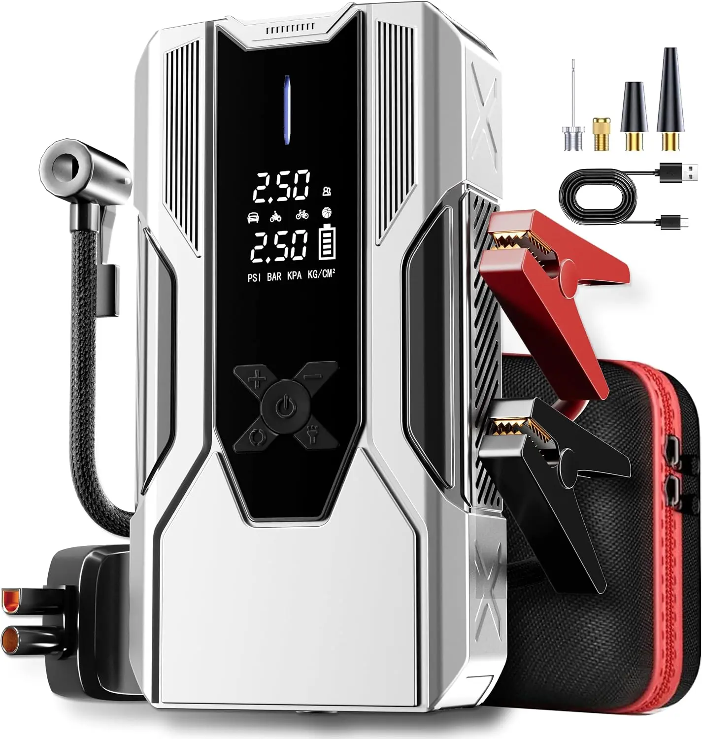 DIBMS Emergency Portable Jump Starter with Air Compressor - 3000A 150PSI for Cars, Trucks & SUVs up to 9L Gas/7L Diesel, 12000mAh Portable Power Bank, -20°F Cold Start (Silver)
