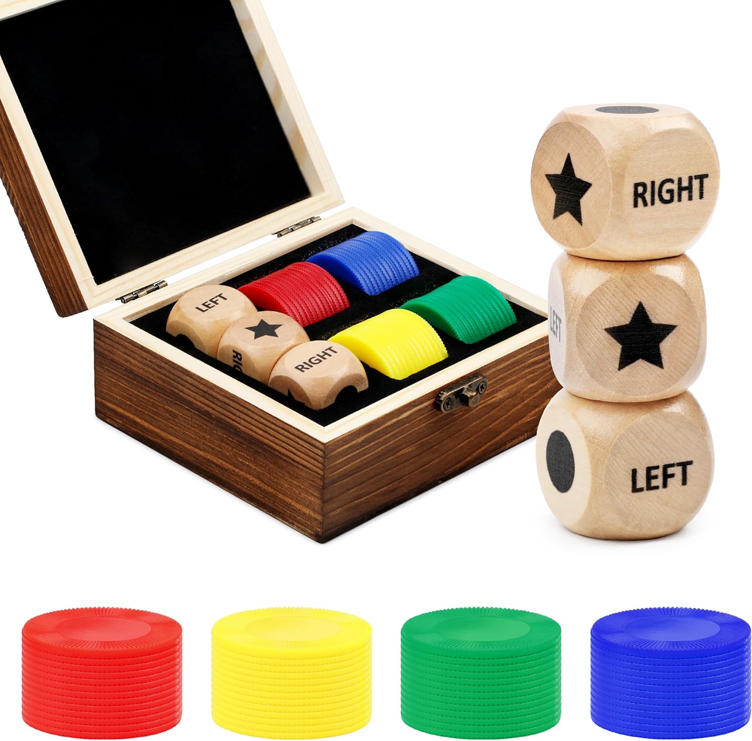48+3 PCS Left Right Roll Dice Game Set - 3 Wooden Dice & 48 Chips in Wooden Box | Portable Travel Party Game for Family, Friends, Adults (Wood)