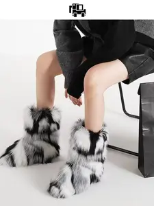 Women's Solid Color Faux Fur Boot, Fluffy Ankle Snow Boots, Warm Comfortable Outdoor Flat Shoes for Cold Winter, Trending Shoes, Cute Winter Boot, Casual Warm Boots