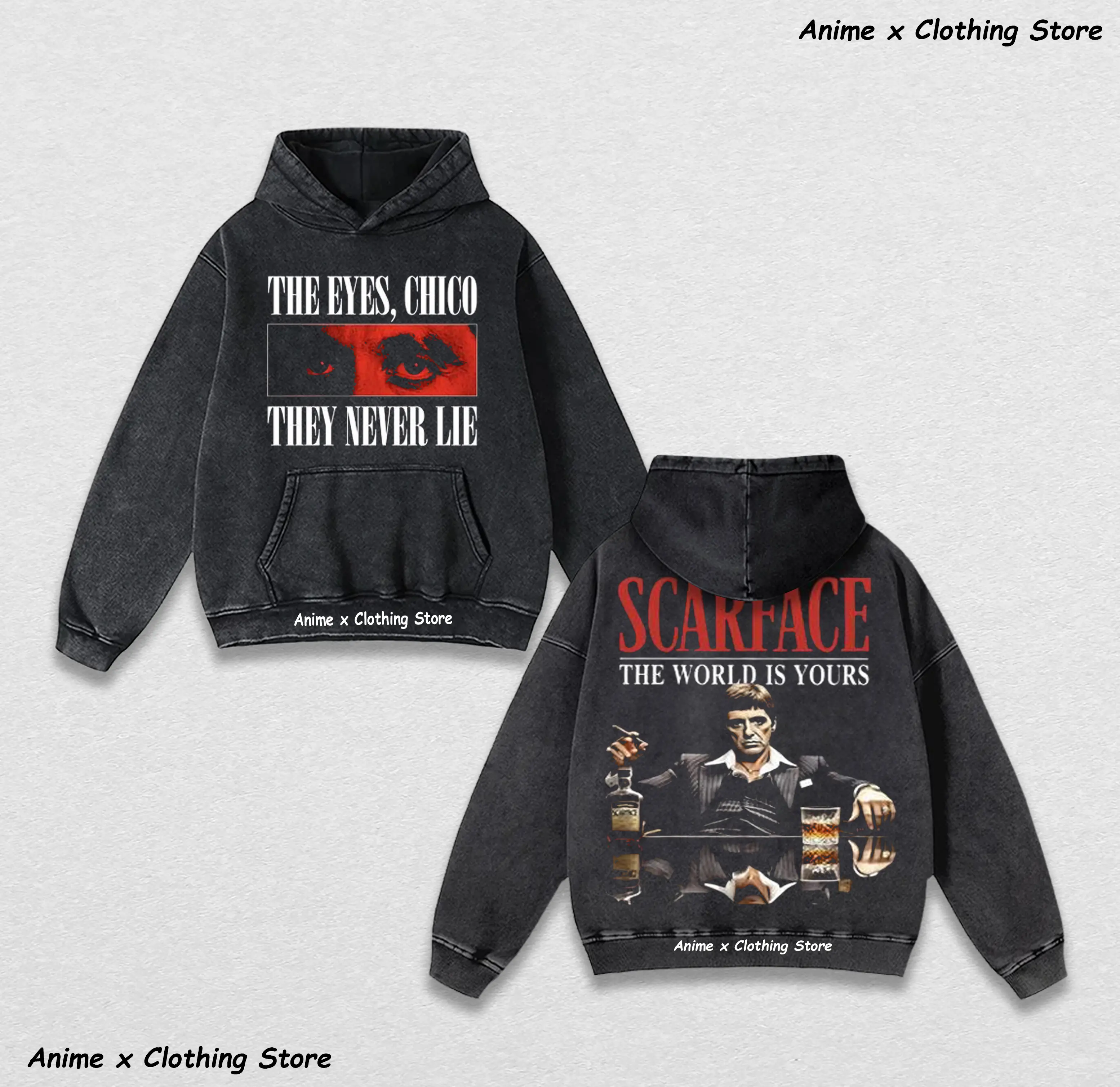 Tony Montana Scarface Vintage Men & women Washed Hoodies,Tshirt,Sweatshirt, The World Is Yours Men's Hip Hop Autumn Winter New Pattern Sweatshirts Popular Trends Two Sides Design Clothing Unisex Pullovers