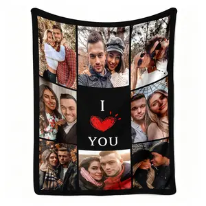 Custom 8 Photo I Love You Flannel Blanket, Personalized Couple Memory Collage Pattern Soft Warm Throw, Cozy Nap Blanket for Sofa Couch Bed, Customized Romantic Gift for Lover Him Her, Anniversary Valentine's Day Birthday Gift