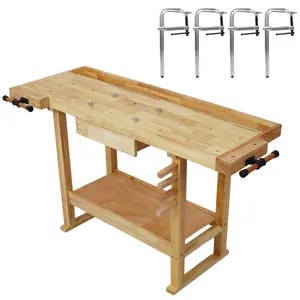 55-Inch Rubberwood Workbench with 4-Pack 12x4-3/4-Inch Adjustable Jaw Throat Bar Clamps Set, Easy Assembly, Ample Storage Space, for Garage Woodworking Projects & Jewelry Making