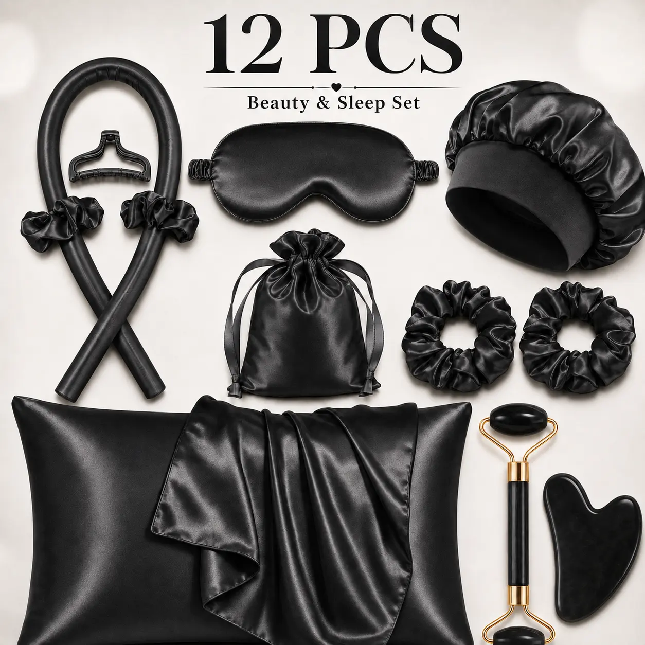 Girls' 12-Piece Satin Sleep & Beauty Kit - No-Heat Overnight Curling Tool, Pillowcase, Eye Mask, Face Roller - Damage-Free Big Waves Styling, Soft Haircare Set, Ideal Self-Care Gift for Christmas, Valentine's Day