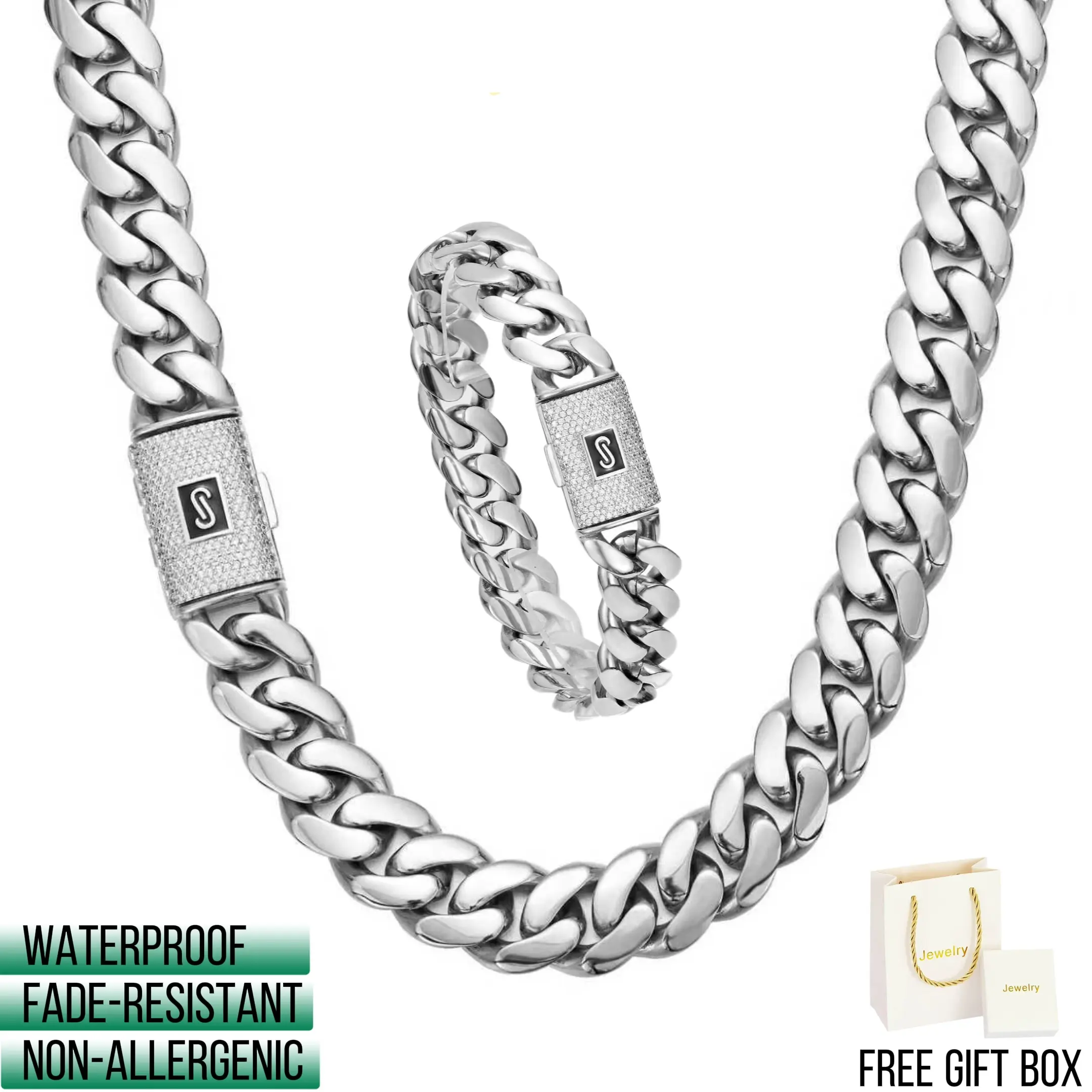 Premium Cuban Link Chain Set for Men & Women, 316L Stainless Steel Necklace & Bracelet, Waterproof, Fade-Resistant Hip Hop Jewelry