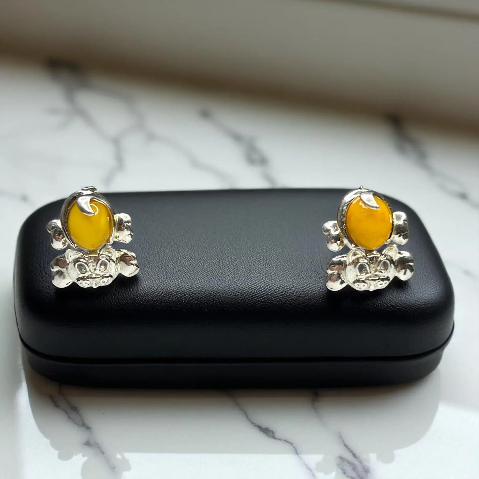 Amber & Sterling Silver Cat Shaped Stud Earrings With Butterfly Back Closure