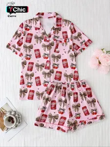 Two-piece large-size pink cherry leopard print bow tie bottle heart pattern women's pajamas, with a collar buttoned short-sleeved top and comfortable stretchy shorts, an elegant large-size women's pajama set
