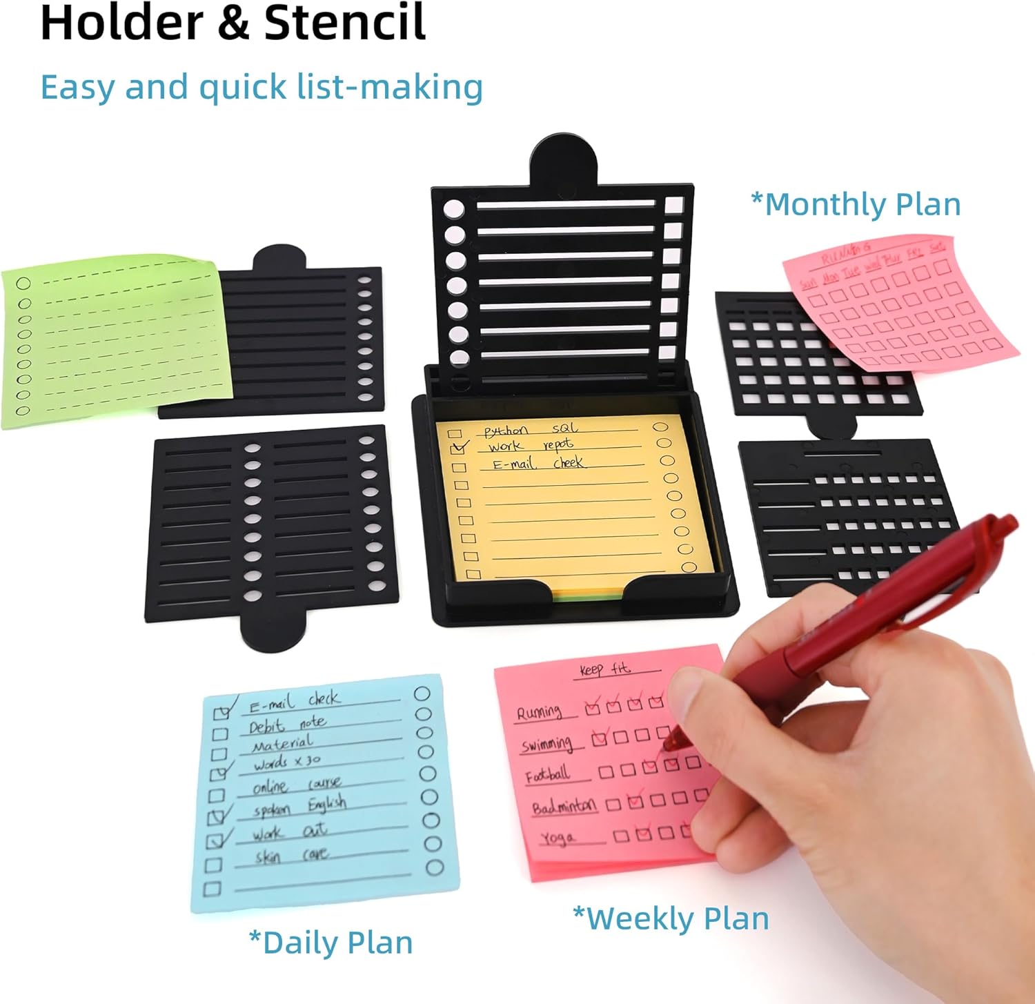 Sticky Note Holder Compatible with Post It Notes, 3x3 Sticky Note Stencil Dispenser with Template, Memo Pad Organizer with Five Line Box Drawing Template for Home and Office Sticky Note Holder Compatible with Post It Notes, 3x3 Sticky Note Stencil Dispenser with Template, Memo Pad Organizer with Five Line Box Drawing Template for Home and Office