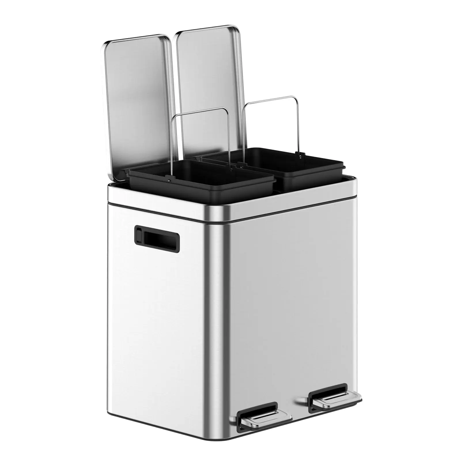 GARVEE 8 Gallons Rectangular Recycling Trash Can with Dual Compartments and 3 Kitchen Garbage Cans, Featuring Plastic Inner Buckets, Hinged Lids, and a Stylish Stainless Steel Design for Efficient Waste Management.