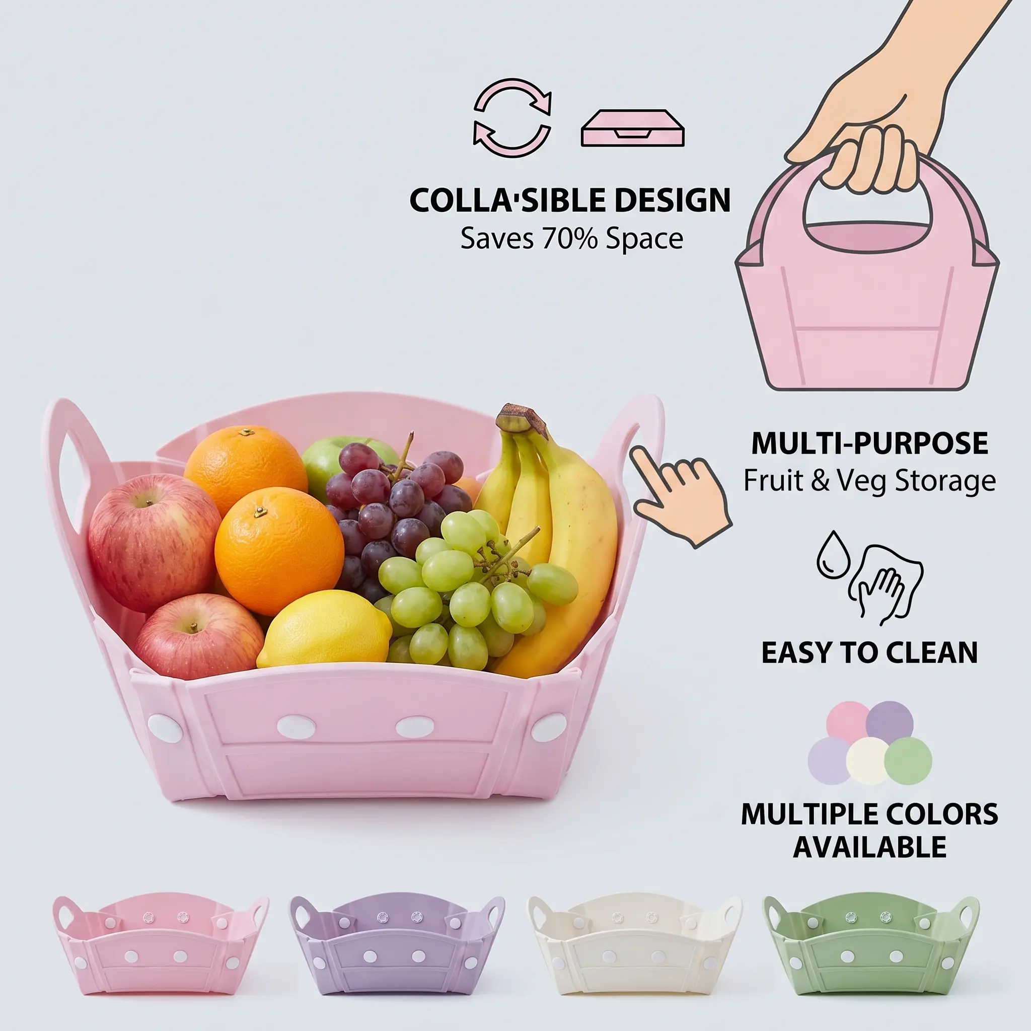Collapsible Storage Basket – Foldable Fruit & Vegetable Organizer, Space-Saving Multi-Purpose Storage Bin for Kitchen, Pantry, Bathroom, Living Room & Outdoor Use